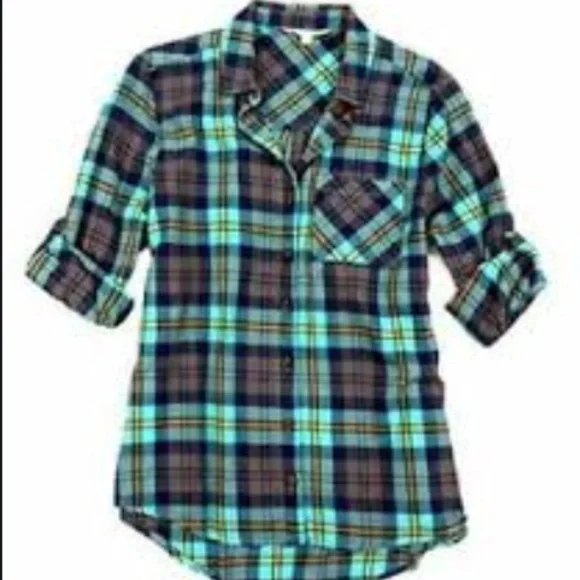 C & C California aqua & brown plaid flannel shirt XS - Picture 7 of 7